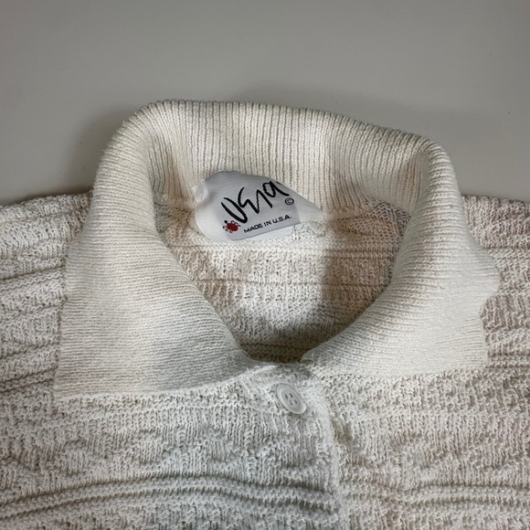 Vintage Vera Neumann Collared Button Down Textured Knit Sweater White Made USA L - Picture 3 of 8